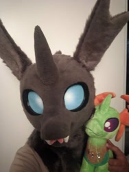 Size: 960x1280 | Tagged: safe, artist:azuritecoin, derpibooru import, thorax, changeling, bust, fursuit, hug, irl, photo, plushie, ponysuit, portrait