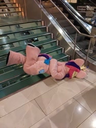 Size: 504x672 | Tagged: safe, artist:qtpony, artist:zizzydizzymc, derpibooru import, princess cadance, escalator, family guy death pose, female, fursuit, irl, on ground, photo, ponysuit, solo, stairs