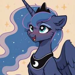 Size: 4608x4608 | Tagged: safe, ai content, derpibooru import, generator:pony diffusion v6 xl, generator:stable diffusion, machine learning assisted, machine learning generated, princess luna, alicorn, pony, blushing, bust, cheek fluff, ear fluff, ears, female, floppy ears, generator:civitai, mare, open mouth, prompter:paleluna, solo, starry eyes, stars, wingding eyes