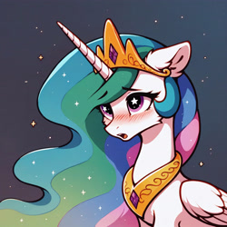 Size: 4608x4608 | Tagged: safe, ai content, derpibooru import, generator:pony diffusion v6 xl, generator:stable diffusion, machine learning assisted, machine learning generated, princess celestia, alicorn, pony, blushing, bust, cheek fluff, ear fluff, ears, female, floppy ears, generator:civitai, mare, open mouth, peytral, prompter:paleluna, solo, starry eyes, stars, wingding eyes