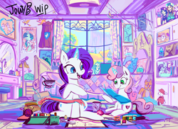 Size: 4749x3461 | Tagged: safe, artist:jowyb, derpibooru import, rarity, sweetie belle, pony, unicorn, g4, bed, bedroom, belle sisters, cape, clothes, cmc cape, cup, duo, duo female, fabric, female, filly, foal, glowing, glowing horn, high res, horn, levitation, magic, mare, microphone, mirror, mug, open mouth, open smile, scissors, sewing needle, siblings, sisters, sitting, smiling, sweetie belle's magic brings a great big smile, teacup, telekinesis, thread, window, wip