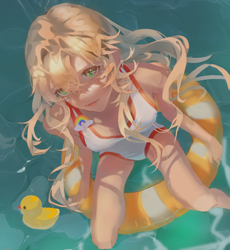 Size: 2480x2700 | Tagged: safe, artist:yuyuyu69106, derpibooru import, applejack, human, clothes, floaty, humanized, one-piece swimsuit, pool toy, rubber duck, solo, swimsuit, water