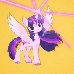 Size: 1620x1620 | Tagged: safe, artist:mink, derpibooru import, twilight sparkle, twilight sparkle (alicorn), alicorn, pony, female, mare, simple background, smiling, solo, spread wings, unshorn fetlocks, wings, yellow background