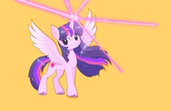 Size: 2496x1620 | Tagged: safe, alternate version, artist:mink, derpibooru import, twilight sparkle, twilight sparkle (alicorn), alicorn, pony, female, mare, simple background, smiling, solo, spread wings, unshorn fetlocks, wings, yellow background