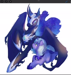 Size: 1944x2048 | Tagged: safe, artist:gull marine, derpibooru import, nightmare moon, princess luna, alicorn, pony, g4, crying, curved horn, duo, female, helmet, hoof shoes, horn, jewelry, male, mare, peytral, regalia, simple background, white background