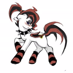 Size: 2048x2048 | Tagged: safe, artist:qianjibahe, derpibooru import, oc, oc only, demon, demon pony, pony, choker, clothes, ear piercing, earring, female, jewelry, mare, piercing, simple background, socks, solo, spiked choker, striped socks, white background