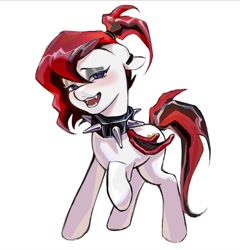 Size: 788x822 | Tagged: safe, artist:qianjibahe, derpibooru import, oc, oc only, demon, demon pony, pony, blushing, choker, ear piercing, earring, female, jewelry, mare, piercing, simple background, solo, spiked choker, white background