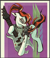 Size: 1894x2215 | Tagged: safe, artist:qianjibahe, derpibooru import, oc, oc only, demon, demon pony, pony, clothes, ear piercing, earring, electric guitar, female, fishnet clothing, guitar, hoof hold, jacket, jewelry, leather, leather jacket, mare, musical instrument, piercing, solo