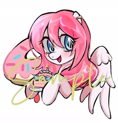 Size: 2222x2314 | Tagged: safe, artist:qianjibahe, derpibooru import, oc, oc only, pegasus, pony, cake, donut, female, food, mare, sample, simple background, watermark, white background