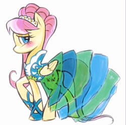 Size: 1024x1018 | Tagged: safe, artist:qianjibahe, derpibooru import, fluttershy, pegasus, pony, g4, green isn't your color, alternate hairstyle, clothes, dress, female, flutterbeautiful, gown, mare, modelshy, simple background, solo, white background