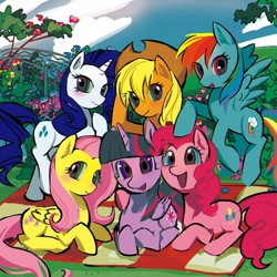 Size: 1920x1920 | Tagged: safe, artist:qianjibahe, derpibooru import, applejack, fluttershy, pinkie pie, rainbow dash, rarity, twilight sparkle, twilight sparkle (alicorn), alicorn, earth pony, pegasus, pony, unicorn, g4, female, horn, lying down, mane six, mare, picnic blanket, prone