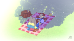 Size: 1920x1080 | Tagged: safe, artist:traupa, derpibooru import, oc, oc only, anthro, changeling, parasprite, book, eyes closed, picnic blanket, solo, tree stump