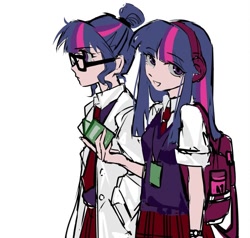 Size: 882x838 | Tagged: safe, artist:qianjibahe, derpibooru import, sci-twi, twilight sparkle, human, equestria girls, g4, backpack, clothes, duo, female, glasses, headphones, lab coat, school uniform, twolight