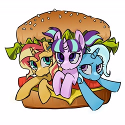 Size: 4096x4096 | Tagged: safe, artist:qianjibahe, derpibooru import, starlight glimmer, sunset shimmer, trixie, pony, unicorn, g4, burger, female, filly, foal, food, hamburger, horn, mare, ponies in food, simple background, trio, white background