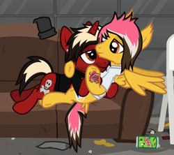 Size: 1766x1571 | Tagged: safe, artist:lightningbolt, derpibooru exclusive, derpibooru import, pegasus, pony, unicorn, .svg available, alex gaskarth, all time low, butt fluff, can, cheek fluff, clothes, cuddling, drink, duo, duo male, dyed mane, dyed tail, ear fluff, ear piercing, ears, facial hair, gay, hoof fluff, horn, hug, jack barakat, lidded eyes, looking at each other, looking at someone, lying down, male, messy mane, messy room, on back, partially open wings, piercing, ponified, prone, shipping, shirt, short sleeves, show accurate, smiling, smirk, soda, soda can, sofa, species swap, stallion, svg, t-shirt, tail, tail feathers, tattoo, vector, wing fluff, wings