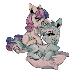 Size: 1368x1376 | Tagged: safe, artist:jianghubanzi, derpibooru import, bon bon, lyra heartstrings, sweetie drops, earth pony, pony, unicorn, female, grin, horn, lesbian, looking at each other, looking at someone, lyrabon, mare, one eye closed, pillow, shipping, simple background, smiling, white background