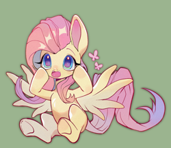 Size: 1706x1473 | Tagged: safe, artist:wang6440, derpibooru import, fluttershy, butterfly, pegasus, pony, female, green eyes, mare, open mouth, sitting, smiling, solo, spread wings, wings