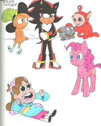 Size: 828x1025 | Tagged: safe, artist:cmara, derpibooru import, pinkie pie, alien, earth pony, human, pony, crossover, gravity falls, it came from deviantart, mabel pines, pokémon, sonic the hedgehog (series), teletubbies, wander (wander over yonder), wander over yonder