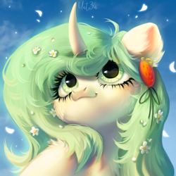 Size: 3000x3000 | Tagged: safe, artist:unt3n, derpibooru import, oc, oc only, pony, unicorn, bust, food, hairpin, horn, portrait, solo, strawberry