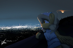 Size: 3834x2560 | Tagged: safe, alternate version, artist:potato22, derpibooru import, oc, oc only, oc:mareota, pegasus, pony, city, clothes, crescent moon, crying, female, high res, mare, moon, night, night sky, outdoors, pegasus oc, sky, solo, wings