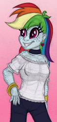 Size: 460x980 | Tagged: safe, artist:roseluck, derpibooru exclusive, derpibooru import, rainbow dash, human, equestria girls, g4, bare shoulders, body freckles, bracelet, chest freckles, choker, clothes, colored, colored pupils, ear piercing, earring, female, freckles, gradient background, grin, happy, heart earring, jewelry, open mouth, open smile, pants, pencil drawing, piercing, pink background, shirt, shoulderless, shoulderless shirt, simple background, smiling, solo, standing, three quarter view, traditional art