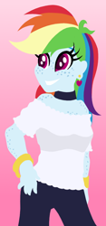 Size: 460x980 | Tagged: safe, alternate version, artist:roseluck, derpibooru exclusive, derpibooru import, rainbow dash, human, equestria girls, g4, bare shoulders, body freckles, bracelet, chest freckles, choker, clothes, colored pupils, ear piercing, earring, female, freckles, gradient background, grin, happy, heart earring, jewelry, lineless, multicolored hair, open mouth, open smile, pants, piercing, pink background, rainbow hair, shirt, shoulderless, shoulderless shirt, simple background, smiling, solo, standing, three quarter view