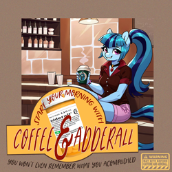 Size: 2000x2000 | Tagged: safe, ai content, derpibooru exclusive, derpibooru import, editor:ciaran, machine learning generated, queen chrysalis, sonata dusk, anthro, equestria girls, g4, adderall, angry, blush lines, blushing, bottle, coffee, coffee cup, coffee mug, coffee shop, counter, cup, fake ad, frown, gem, grin, high ponytail, horn, light, long hair, looking at you, mug, ponytail, prompter:ciaran, shelf, siren gem, smiling, smiling at you, solo, steam, stool