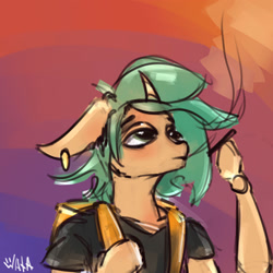 Size: 2000x2000 | Tagged: safe, artist:wata, derpibooru import, oc, oc only, oc:wata, anthro, unicorn, high res, horn, looking up, piercing, smoking, solo