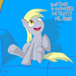 Size: 800x800 | Tagged: artist needed, source needed, safe, derpibooru import, derpy hooves, oc, oc:anon, human, pegasus, pony, blushing, dialogue, duo, duo male and female, female, human and pony, looking at someone, male, mare, offscreen character, open mouth, open smile, signature, sitting, smiling, sofa