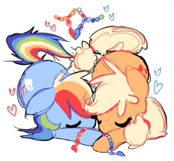 Size: 1338x1238 | Tagged: safe, artist:appledash3r_, derpibooru import, applejack, rainbow dash, earth pony, pegasus, pony, g4, appledash, blonde, blonde mane, blonde tail, blue coat, bracelet, colored sketch, cuddling, cute, dashabetes, duo, duo female, ears, eyes closed, female, floating heart, floppy ears, friendship bracelet, hatless, heart, hearts and hooves day, jackabetes, jewelry, lesbian, lying down, mare, missing accessory, mlp ship week 2024, multicolored hair, orange coat, ponytail, prone, rainbow hair, rainbow tail, shipping, simple background, sketch, tail, tied mane, tied tail, white background