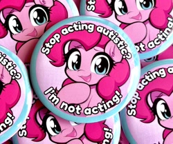 Size: 3411x2847 | Tagged: safe, artist:moozua, derpibooru import, pinkie pie, earth pony, pony, g4, :3, autism spectrum disorder, autistic pinkie pie, big eyes, blue eyes, button pins, curly hair, curly mane, everfree northwest, everfree northwest 2024, eyelashes, female, looking at you, mare, pin, pin design, pink coat, pink mane, raised hoof, raised leg, smiling, smiling at you, solo, text, white text