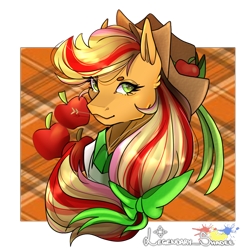 Size: 1000x1000 | Tagged: safe, artist:legendaryshadee, derpibooru import, applejack, pony, apple, bust, food, portrait, rainbow power, solo