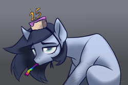 Size: 2462x1631 | Tagged: safe, artist:marsel1nushka, derpibooru import, oc, oc only, earth pony, pony, birthday, earth pony oc, gradient background, party horn, solo