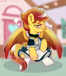 Size: 1920x2212 | Tagged: safe, artist:scarffist, derpibooru import, oc, oc only, pegasus, pony, clothes, commission, golden eyes, maid, red hair, red mane, short hair, short mane, solo, sparkles, stockings, thigh highs, ych result