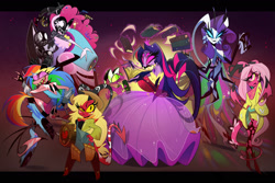 Size: 2351x1567 | Tagged: safe, artist:entropystar, derpibooru import, applejack, fluttershy, pinkie pie, rainbow dash, rarity, spike, twilight sparkle, angel, anthro, bird, butterfly, demon, digitigrade anthro, hybrid, owl, snake, succubus, undead, g4, alternate universe, angelic wings, angelified, bare shoulders, barrel, bird demon, birdified, book, boots, butterfly demon, butterfly wings, choker, clothes, cowboy boots, cowboy hat, crossover, cutie mark accessory, cutie mark necklace, demon horns, demon wings, demonized, devil tail, dress, exorcist angel, fangs, female, four eyes, gown, gradient background, group picture, halo, hat, hazbin hotel, heavenborn, hellaverse, hellborn, horns, imp, impified, jewelry, levitation, looking at you, magic, mane seven, mane six, mask, multiple eyes, my little x, necklace, overalls, owl demon, panicking, party cannon, reptile, ripped stockings, shoes, sinner demon, socks, species swap, spellbook, stockings, succufied, tail, telekinesis, thigh highs, torn clothes, wings