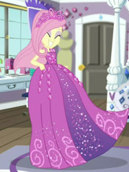 Size: 605x807 | Tagged: safe, derpibooru import, edit, edited screencap, screencap, fluttershy, human, choose your own ending, costume conundrum, costume conundrum: rarity, equestria girls, g4, ^^, beautiful, clothes, cropped, cute, dress, eyes closed, eyeshadow, female, flutterbeautiful, gown, grin, jewelry, makeup, princess costume, princess fluttershy, rarity's bedroom, shyabetes, sleeveless, smiling, solo, spinning, tiara