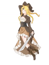 Size: 1080x1440 | Tagged: safe, artist:hey1930395, derpibooru import, applejack, human, clothes, dress, humanized, simple background, solo, sword, weapon, white background