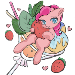 Size: 1280x1280 | Tagged: safe, artist:jiangerichanghungongtuan, derpibooru import, pinkie pie, earth pony, pony, alcohol, cocktail, cocktail glass, drink, female, food, mare, simple background, solo, strawberry, tiny, tiny ponies, white background