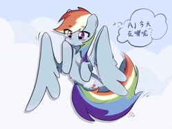 Size: 4000x3000 | Tagged: safe, artist:8524538816, derpibooru import, rainbow dash, pegasus, pony, female, flying, mare, solo, spread wings, text, thought bubble, wings