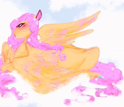 Size: 1522x1324 | Tagged: safe, alternate version, artist:rare-apples, derpibooru import, fluttershy, pegasus, pony, g4, 2d, colored, digital art, female, long hair, lying down, mare, prone, simple background, sitting, sketch, smiling, solo, spread wings, wings