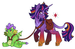 Size: 2048x1349 | Tagged: safe, artist:draculaflow3, derpibooru import, spike, twilight sparkle, classical unicorn, pony, unicorn, alternate design, bag, cloven hooves, coat markings, duo, facial hair, facial markings, female, glasses, goatee, gradient legs, harness, horn, leash, leonine tail, mare, saddle bag, simple background, star (coat marking), transparent background, unshorn fetlocks