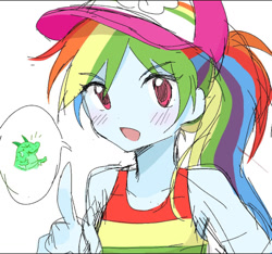 Size: 1068x1000 | Tagged: safe, artist:hey1930395, derpibooru import, rainbow dash, human, equestria girls, g4, alternate hairstyle, blushing, implied dragon, looking at you, speech bubble