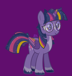 Size: 1952x2048 | Tagged: safe, alternate version, artist:zorrollusion, derpibooru import, twilight sparkle, twilight sparkle (alicorn), alicorn, pony, alternate design, glasses, purple background, simple background, solo