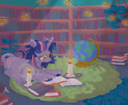 Size: 1467x1200 | Tagged: safe, artist:saskaw, derpibooru import, twilight sparkle, alicorn, pony, unicorn, g4, book, bookshelf, candle, glasses, globe, horn, reading, solo