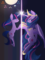 Size: 1620x2160 | Tagged: safe, artist:e179318543, artist:太阳鸭, derpibooru import, princess twilight 2.0, twilight sparkle, twilight sparkle (alicorn), unicorn twilight, alicorn, pony, unicorn, g4, applejack's cutie mark, crown, digital art, duality, ethereal mane, ethereal tail, eyes closed, feather, female, floating, flowing mane, flowing tail, fluttershy's cutie mark, gem, glowing, glowing horn, hoof shoes, horn, jewelry, looking at each other, looking at someone, magic, mare, older, older twilight, older twilight sparkle (alicorn), peytral, pinkie pie's cutie mark, princess shoes, rainbow dash's cutie mark, rarity's cutie mark, regalia, sad, solo, sparkles, spread wings, stars, tail, wallpaper, wings