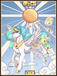 Size: 1200x1600 | Tagged: safe, artist:shessy-lai, derpibooru import, princess celestia, alicorn, pony, g4, cloud, flying, scroll, sky, solo, sun