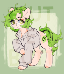 Size: 3500x4000 | Tagged: safe, artist:flutterbutt, derpibooru import, oc, pony, adoptable, bookworm, clothes, golden eyes, green hair, hoodie, nerd, watermark