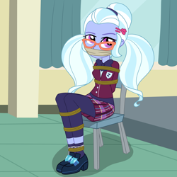 Size: 2000x2000 | Tagged: safe, artist:nie-martw-sie-o-mnie, derpibooru import, part of a set, sugarcoat, human, equestria girls, g4, bondage, bound and gagged, chair, cloth gag, clothes, female, femsub, gag, glasses, hairpin, leggings, rope, rope bondage, school uniform, shoes, sitting, skirt, solo, submissive, sugarsub