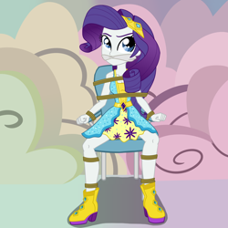 Size: 2500x2500 | Tagged: safe, artist:nie-martw-sie-o-mnie, derpibooru import, rarity, human, dance magic, equestria girls, g4, bondage, boots, bound and gagged, chair, cleave gag, cloth gag, equestria girls specials, female, femsub, gag, high heel boots, jewelry, rarisub, rope, rope bondage, shoes, sitting, solo, spread legs, spreading, submissive, tiara, tied to chair