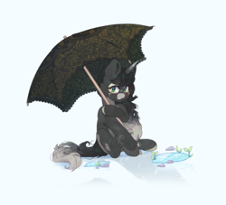 Size: 2200x2000 | Tagged: safe, artist:cofiiclouds, derpibooru import, oc, oc only, oc:obsidian limelight, crystal pony, unicorn, blushing, horn, looking at you, puddle, simple background, smiling, smiling at you, solo, umbrella, white background